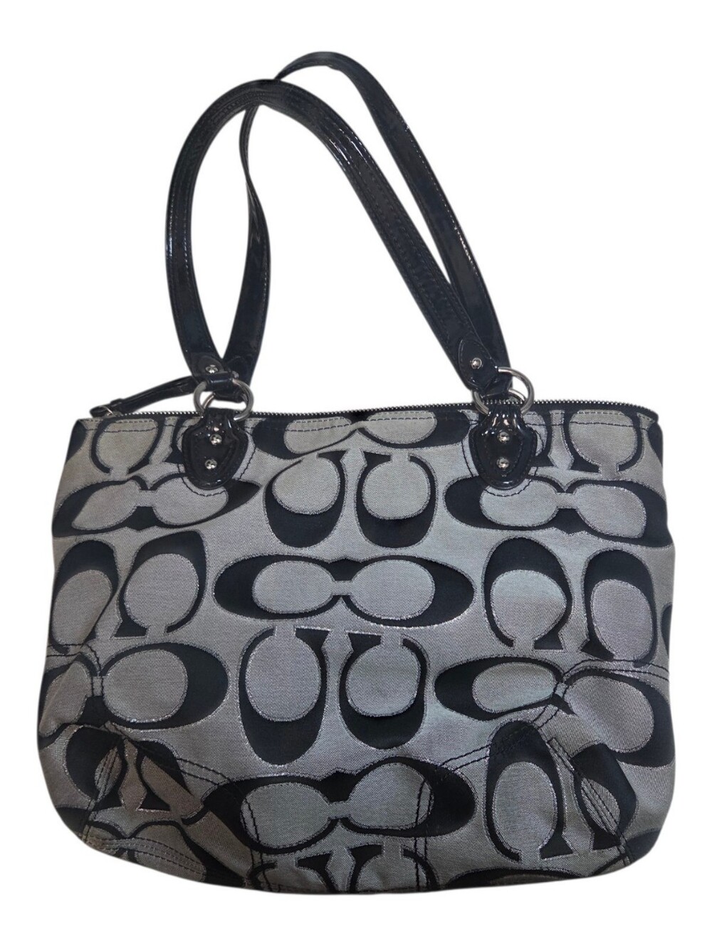 Coach Signature Poppy Black Gray Shoulder Handbag Purse Leather Trim 23473